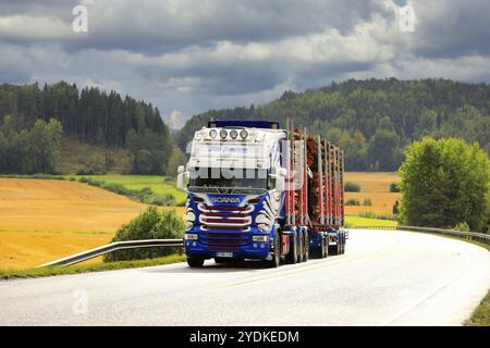 Customised Scania logging truck of Kuljetusliike Niko Gustafsson pulls log load uphill on highway in rainy weather. Salo, Finland. September 4, 2020 Stock Photo