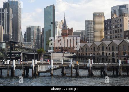 21.09.2019, Sydney, New South Wales, Australia, View over Campbells Cove to the skyline of the business district and The Rocks neighbourhood, Oceania Stock Photo