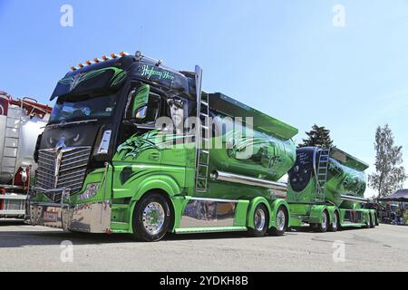 PORVOO, FINLAND, JULY 2, 2016: Super truck Mercedes-Benz Actros 2551 Highway Hero owned by Kuljetus Auvinen Oy on Riverside Truck Meeting 2016 Stock Photo