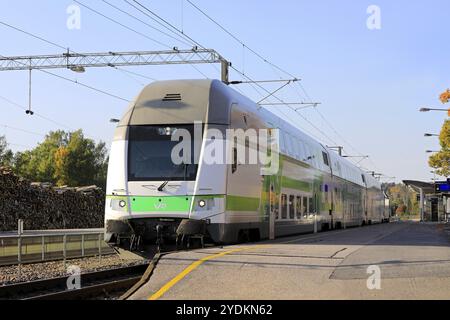 Modern VR Group Intercity electric 2 storey passenger train at Salo railway station platform ready to depart. Salo, Finland. September 27, 2020 Stock Photo