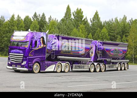 LEMPAALA, FINLAND, AUGUST 13, 2017: New Super truck Mercedes-Benz Actros Lowrider of Kuljetus Auvinen parked on asphalt yard. Lowrider wins Best in Sh Stock Photo