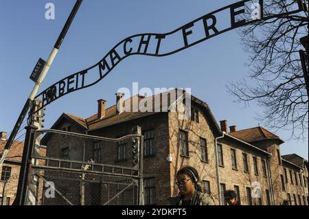 16.03.2015, Auschwitz, Lesser Poland, Republic of Poland, Europe, Entrance gate of the former Auschwitz I camp (main camp) with the slogan Stock Photo