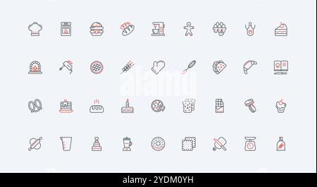 Pastry shop, bakery and confectionery line icon set. Ingredients and confectioners tools to bake bread and sweet cake, chefs hat, rolling pin thin black and red outline symbols vector illustration Stock Vector