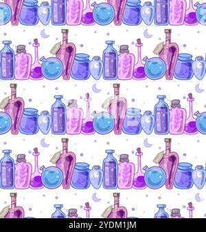 Vector seamless pattern with magic potions, stars and crescent on white background. Cartoon texture with poisons, elixir potions and colorful liquids Stock Vector