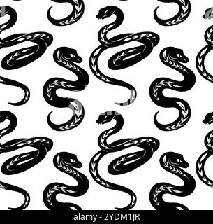 Vector seamless pattern with black silhouettes of snakes with a plant ornaments on a white background. Monochrome texture with serpents for fabrics Stock Vector