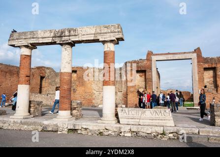 Portico, ancient city ruins, columns at entrance in front of the Macellum, market, Pompeii Forum, Pompeii, Italy Stock Photo