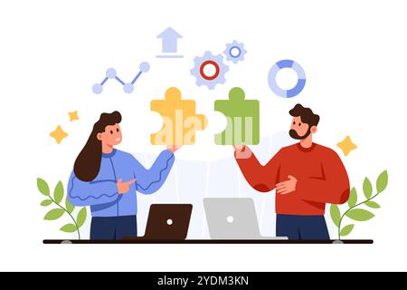 Team building, business partnership for goal achievement, teamwork on collective solution. Tiny man and woman holding puzzle pieces together to match and collaborate cartoon vector illustration Stock Vector