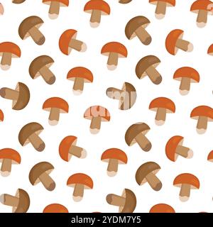 seamless pattern of stylized brown and orange mushrooms with simple shapes on a white background Stock Vector