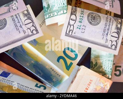 Monetary Medley. Various Euro and Dollar notes, financial theme. Stock Photo