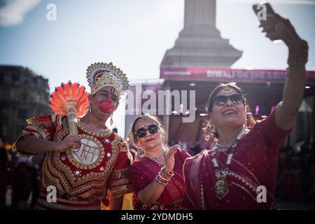 London, UK. 27th October 2024. Performers take part in the colourful Diwali Festival in Trafalgar Square to mark the Hindu New Year in the capital. Credit: Guy Corbishley/Alamy Live News Stock Photo