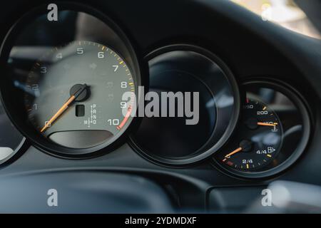 Close-up view of a car's dashboard gauges showing speedometer and tachometer with detailed markings. Stock Photo