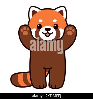 Cute cartoon red panda with raised paws up. Kawaii character drawing, vector clip art illustration. Stock Vector