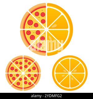 Pizza and orange half illustration. Circle divided in two, fast food on the left and healthy fruit on the right. Healthy and unhealthy food choice. Stock Vector