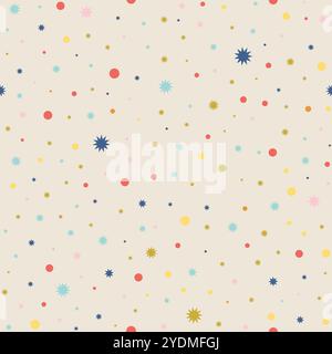 Vector seamless pattern with dotted colorful elements. Stylish background with randomly disposed spots. Simple texture from small dots and stars. For Stock Vector