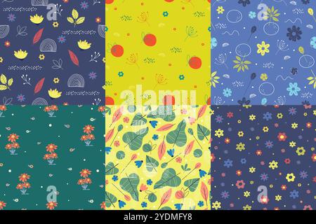 Colorful and bright springtime elements seamless pattern set. Leaves and flowers on bright background. Floral spring vector illustration. Vector endle Stock Vector