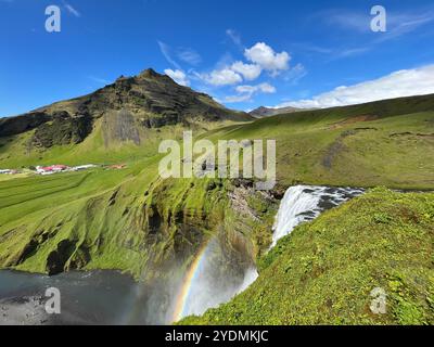 Rainbow on the Skógafoss waterfall in Iceland Stock Photo