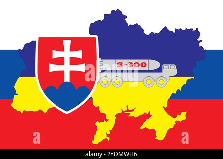 The contour of the map of Ukraine is painted in the colors of the flag of Ukraine on the flag of Slovakia and the installation of S-300. Illustration Stock Vector