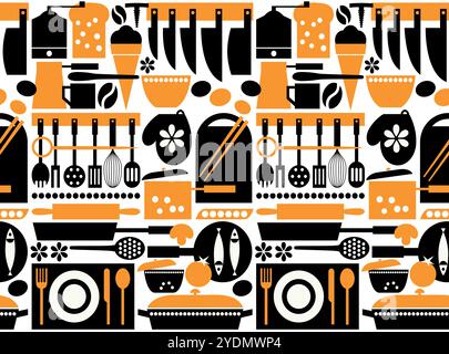 Kitchen tools seamless pattern. Vector cook utensil signs in minimalist flat style on white background. Illustration for cover design, food package, m Stock Vector