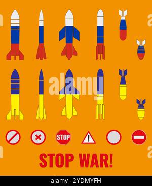 A set of icons of various bombs, rockets, painted in the colors of the flags of Ukraine and Russia and signs of anti-war symbols. Constructor. The ins Stock Vector