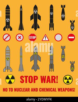 A set of icons of various bombs, rockets and signs of anti-war symbols. Constructor. The inscription STOP WAR! NO TO NUCLEAR AND CHEMICAL WEAPONS! Ill Stock Vector