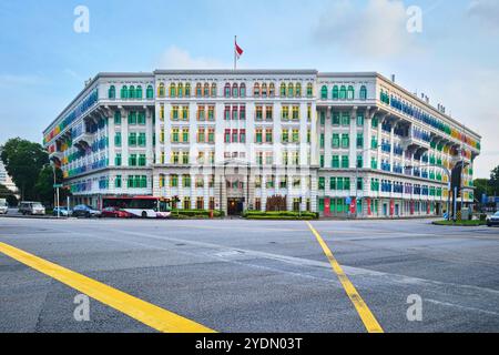 Singapore - August 16, 2024: Brightly colored shutters and windows on the landmark Old Hill Street Police Station building Stock Photo