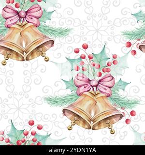 Christmas watercolor seamless pattern - Jingle golden bell with bow. Openwork snowflake. Compositions with holly green leaves and mistletoe, red Stock Vector