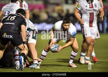 Ben Youngs of Leicester Tigers in action during the Gallagher Premiership Rugby match between Saracens and Leicester Tigers at StoneX Stadium on October 26, 2024 in Barnet, England. Photo by Gary Mitchell Stock Photo