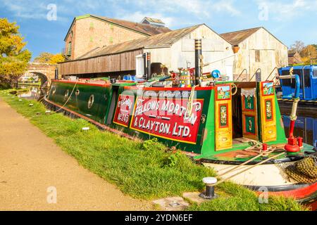 Former Fellows Morton and Clayton canal narrowboat on the Shropshire union canal as it passes through the Shropshire market town of Market Drayton Stock Photo