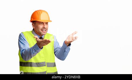 Discontented Construction Worker Gesturing Posing On White Background, Panorama Stock Photo