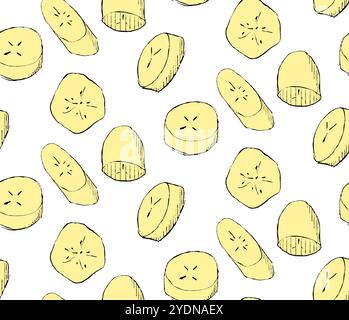 Exotic tropical seamless pattern with banana slices. Perfect print for paper, textile and fabric. Hand drawn graphic vector illustration. Stock Vector
