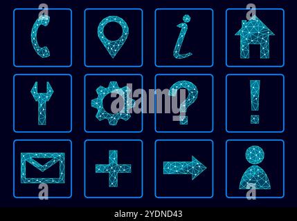 Website collection icon set. Business symbols phone, settings, contacts, arrows, pointer maps, ask form. Low poly polygonal blue web online market Stock Vector