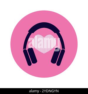 Headphones with sound wave in heart shape. Round music icon isolated on white background. Vector illustration Stock Vector