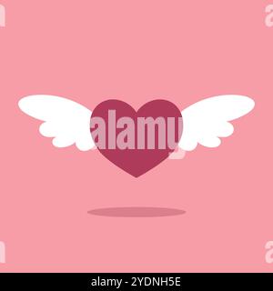 Flying pink heart with white wings in flat style. Vector illustration Stock Vector