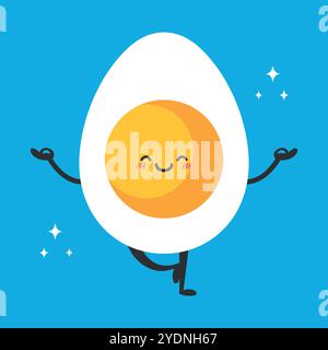 Cute cartoon egg standing in yoga pose. Funny egg mascot doing yoga and meditate. Vector illustration Stock Vector