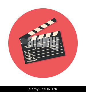 Clapper board, film slate retro round icon. Filmmaking equipment emblem. Cinema symbol. Vector illustration Stock Vector