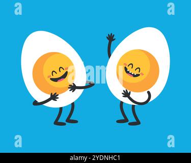 Two cute cartoon laughing egg characters. Funny egg mascots laugh. Vector illustration Stock Vector
