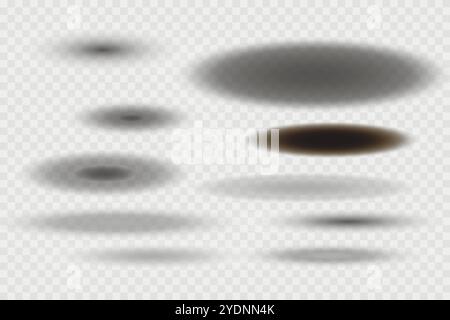 Different realistic round shadow, soft shapes on transparent background. Gray circular and ellipse shadows set. Vector illustration Stock Vector