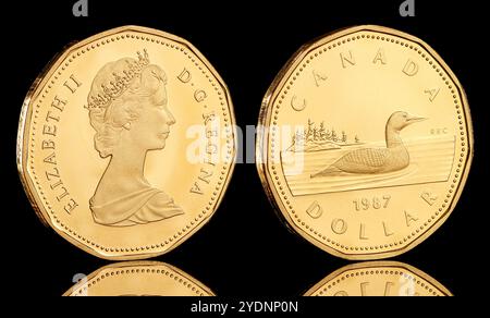 Canada One Dollar coin with The Loon design on the reverse and Arnold Macins portrait of Queen Elizabeth II on the obverse issued in 1987 Stock Photo