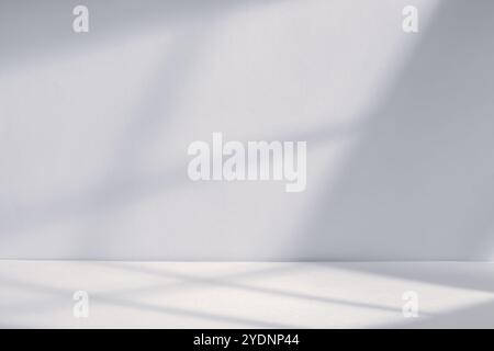 Bright, abstract shadows on minimalistic background with white wall and floor in well-lit space Stock Photo