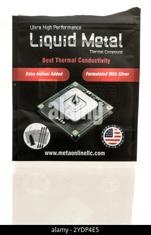 Winneconne, WI - 14 October 2024: A package of Liquid metal thermal compound on an isolated background. Stock Photo