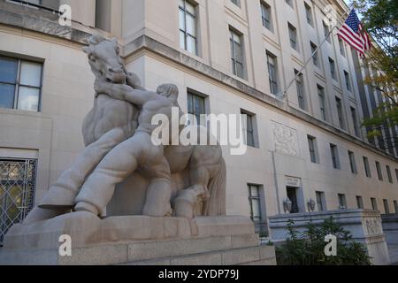 A sculpture, Man Controlling Trade,  outside the Federal Trade Commission Building, Washington DC, USA Stock Photo