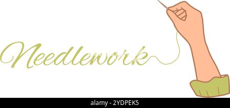Needlework Concept. Embroidering Female Hand holding Needle with Thread isolated on a white background. Hand drawn Vector Illustration in Vintage Stock Vector