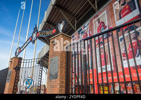 Looking up at the Paisley Gateway at Anfield which honours its former manager.  Pictured in Liverpool under a blue sky on 27 October 2024. Stock Photo