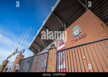 Looking up at the Kop stand at Anfield stadium, Liverpool as it towers over the Paisley Gateway on 27 October 2024. Stock Photo