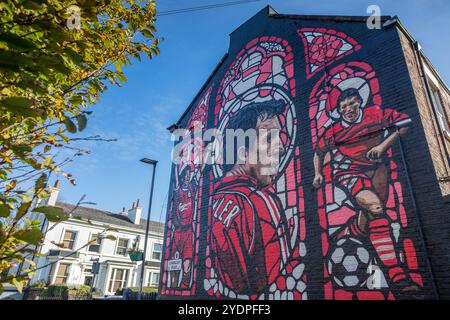 A mural of former Liverpool FC striker Robbie Fowler pictured on a terrace house near to Anfield stadium in Liverpool, seen on 27 October 2024. Stock Photo