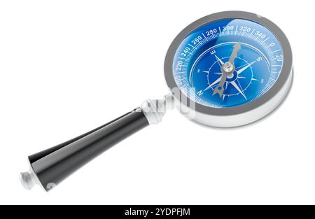 Magnifying glass with compass. 3D rendering isolated on white background Stock Photo