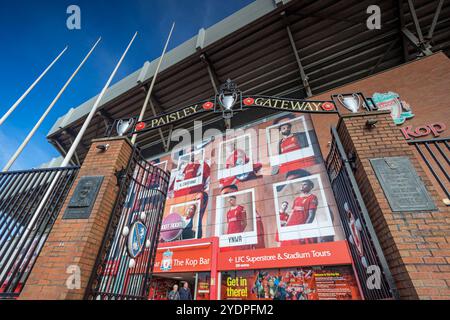 Looking up at the Paisley Gateway at Anfield which honours its former manager.  Pictured in Liverpool under a blue sky on 27 October 2024. Stock Photo