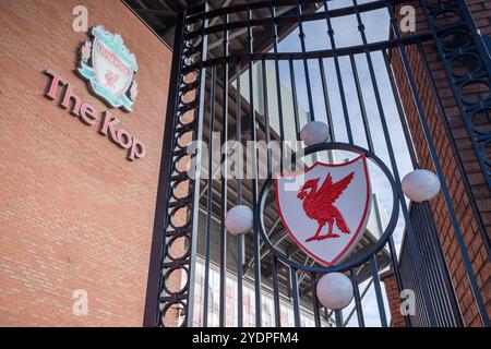 Close up of the Liver bird on the Paisley Gateway seen under the giant Kop stand of Anfield stadium pictured in Liverpool on 27 October 2024. Stock Photo