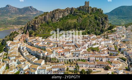 Zahara de la Sierra aerial view of medieval castle, hilltop village and ...