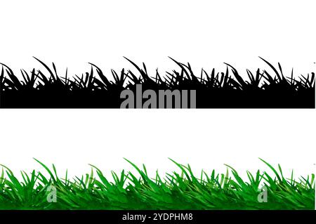 Vector Seamless border with lawn green grass. Illustration of black silhouette of grass. Summer grassy meadow element for design, nature landscape. Sp Stock Vector